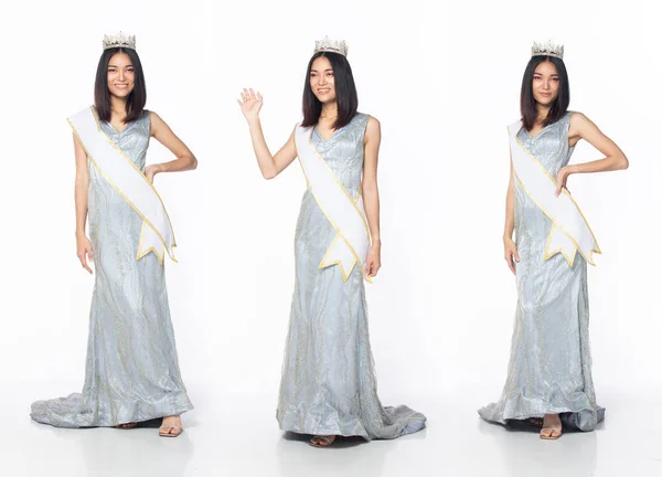 Full Length Miss Beauty Pageant Contest Wear Blue Gray Evening — 图库照片