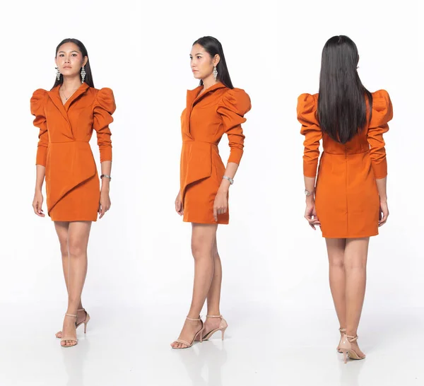 Corps Pleine Longueur Belle Femme Asiatique Porter Orange Rouge Robe — Photo