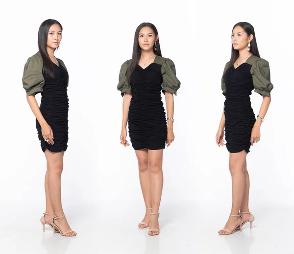 Full Length Body Asian Beautiful Woman Wear Black Green Office — Stock Photo, Image