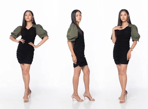 Full Length Body Asian Beautiful Woman Wear Black Green Office — 스톡 사진