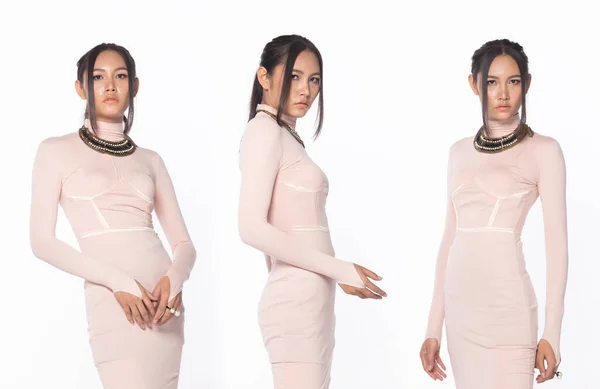 Der Halbe Körper Der Schönen Asiatischen Frau Trägt Pastellrosa Abendkleid — Stockfoto