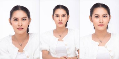 Half body Face of Asian Arab Indian tanned skin woman shows beautiful smile happy eyes lips. India Female express feeling wellbeing head shot in studio over white smoke background isolated