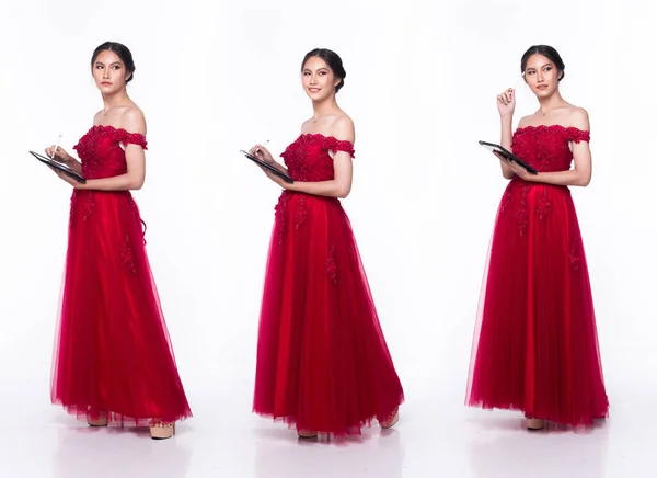 Повна Довжина Тіла Азіатської Вродливої Жінки Носить Червону Вечірню Сукню — стокове фото