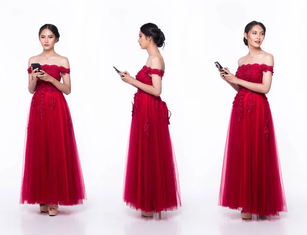 Volledige Lengte Lichaam Van Aziatische Mooie Vrouw Dragen Rode Avond — Stockfoto