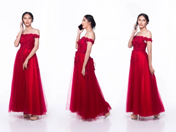 Повний Набір Азіатських Красивих Жінок Носить Червона Вечірня Сукня Працює — стокове фото