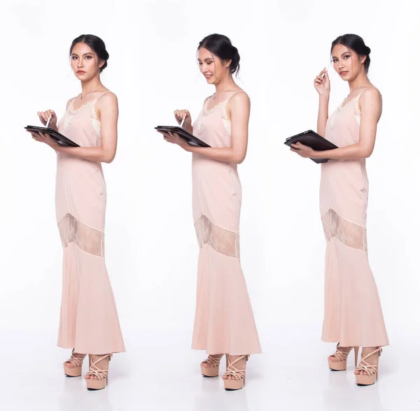 Full Length Body Asian Beautiful Woman Wear Pink Evening Sequin — 스톡 사진