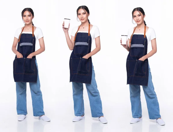 Full length 20s young Mix Race Barista shop restaurant Woman, wow surprise sign hand, wear apron coffee cup. Office female stands feels smile happy over white background isolated