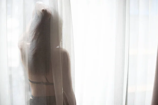 Молодая Летняя Азиатская Сексуальная Женщина Носит Черное Кружево Нижнее Белье — стоковое фото