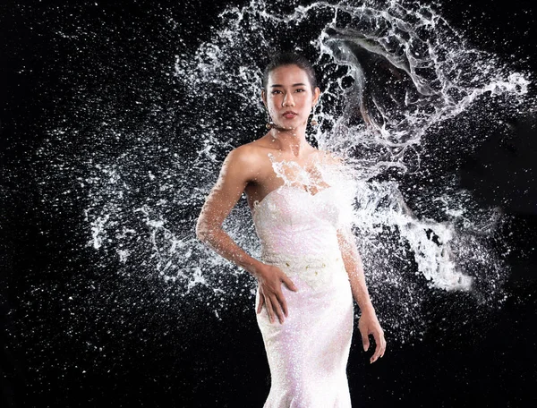 Young 20S Asian Woman Wear Evening Sequin Ball Gown Water — Foto de Stock