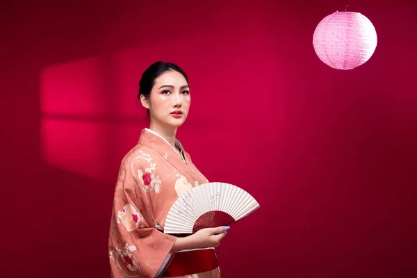 Half Body Young 20S Asian Japanese Woman Wear Pink Traditional — Foto de Stock