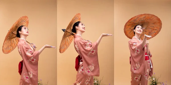 Young 20S Asian Japanese Woman Wear Traditional Kimono Hold Painting — Foto Stock