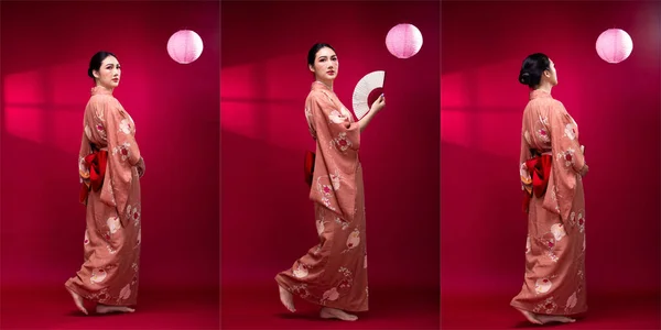 Full Length Young 20S Asian Japanese Woman Wear Pink Traditional — Fotografia de Stock