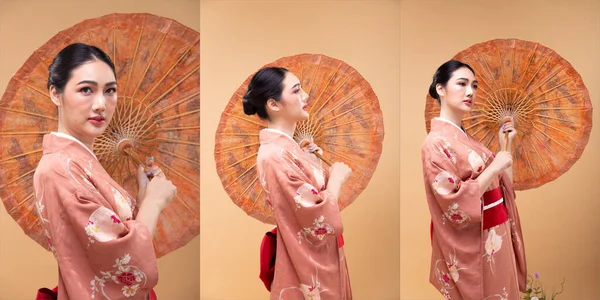 Young 20S Asian Japanese Woman Wear Traditional Kimono Hold Painting — Stock Photo, Image