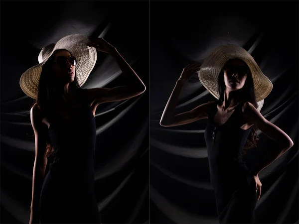 Silhouette Young Woman Wear Hat Sun Glasses Drape Curtain Black — ストック写真