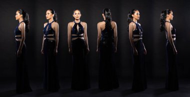 Full length body of Asian beautiful woman wear blue evening sequin gown, 360 front side rear back view. Young female stand express feeling happy smile strong over black background isolated