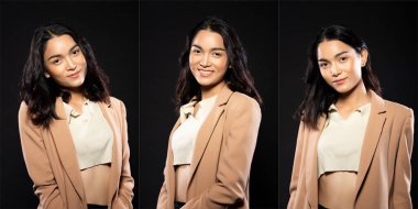 Half body portrait of Asian beautiful woman wear formal blazer, handsome man look fashion vintage. Young female stand express feeling happy smile strong over black background isolated collage