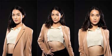 Half body portrait of Asian beautiful woman wear formal blazer, handsome man look fashion vintage. Young female stand express feeling happy smile strong over black background isolated collage