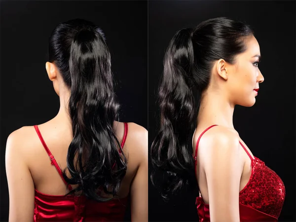 Half Body Asian Beautiful Woman Wear Red Evening Sequin Gown — Zdjęcie stockowe