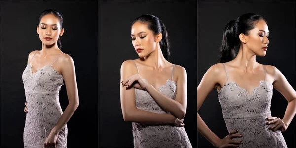 Half Body Asian Beautiful Woman Wear White Evening Sequin Gown — Stockfoto