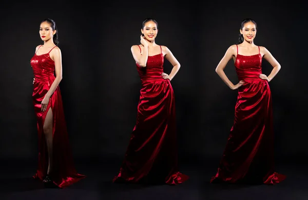 Full Length Body Asian Beautiful Woman Wear Red Evening Sequin — 图库照片