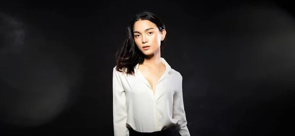 Half Body Portrait Asian Beautiful Woman Wear White Shirt Fashion — Fotografia de Stock