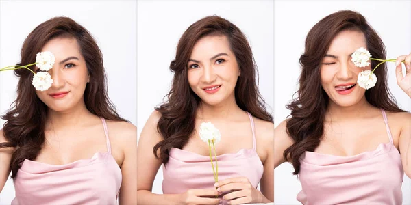 Asian 30S Woman Show Beautiful Smile Happy Lips White Flower — Fotografia de Stock