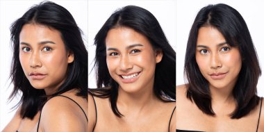 Indian Tanned Skin Asian Woman show beauty cosmetic face make up with healthy care fresh natural eyes. Spa Female smile happy clean skin treatment, portrait face head shot in studio white background