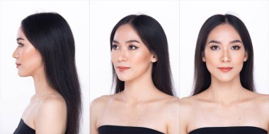 Beautiful fresh skin woman open shoulder with clean look make up and long black hair. Portrait young girl in attractive natural fashion face express feel smile, show eye lip, isolated white background