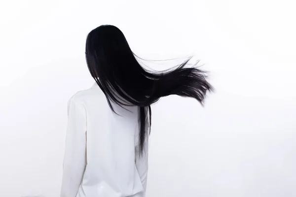 Black Straight Long Black Hair Woman Throw Fly Air Fashion — Zdjęcie stockowe