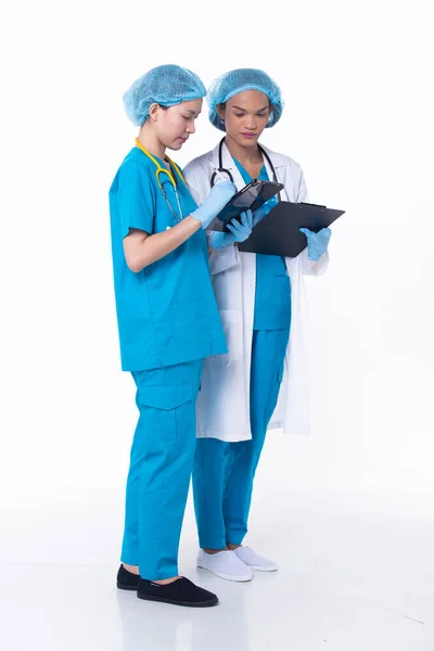 Full Length Professional Physician Doctor Stand Hospital Uniform Discuss Patient — Stock Fotó