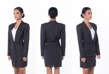 Half body disable person without fingers thumb hand of young adult woman walk confident and happy, white background isolated. Asian female smile cheerful in casual attire professional business