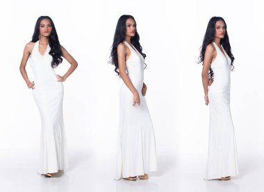 Full Length disable person without fingers thumb hand of young adult woman stand confident and happy, white background isolated. Asian female smile cheerful in white evening gown ball dress long hair