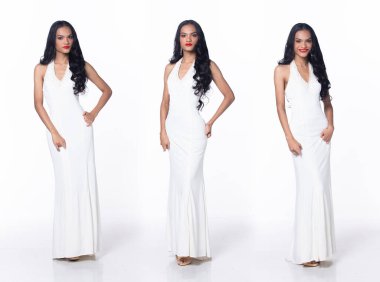 Full Length disable person without fingers thumb hand of young adult woman stand confident and happy, white background isolated. Asian female smile cheerful in white evening gown ball dress long hair