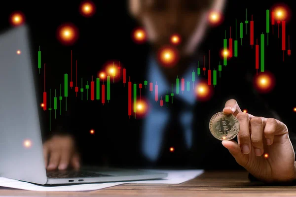 Business Man Hold Bitcoin Currency Finance Exchange Trade Digital Technology — Fotografia de Stock