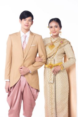Collage Group half body Figure couple of 20s Asian man woman lover wear Thai traditional costume for wedding ceremony. Wedding male female stands and pose confident over white Background isolated