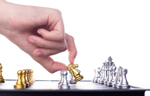 Business woman play Chess to success. Leader use strategy game to challenge competitor with intelligence leadership  power to move King to victory with management team idea battle to win, copy space
