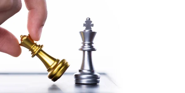 Business woman play Chess to success. Leader use strategy game to challenge competitor with intelligence leadership  power to move King to victory with management team idea battle to win, copy space