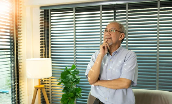 Elderly senior Man with glasses think about future and planning smart retirement. Asian Mature person express feeling confident emotion. Businessman look optimistic grey hair, copy space
