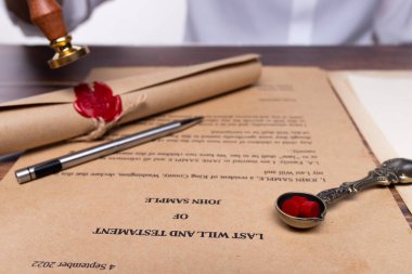 Lastwill Inheritance document Contract is approved by Lawyer to seal wax and stamp approval to finance and separate asset by justice law notary. They allocate insurance money real estate. copy space