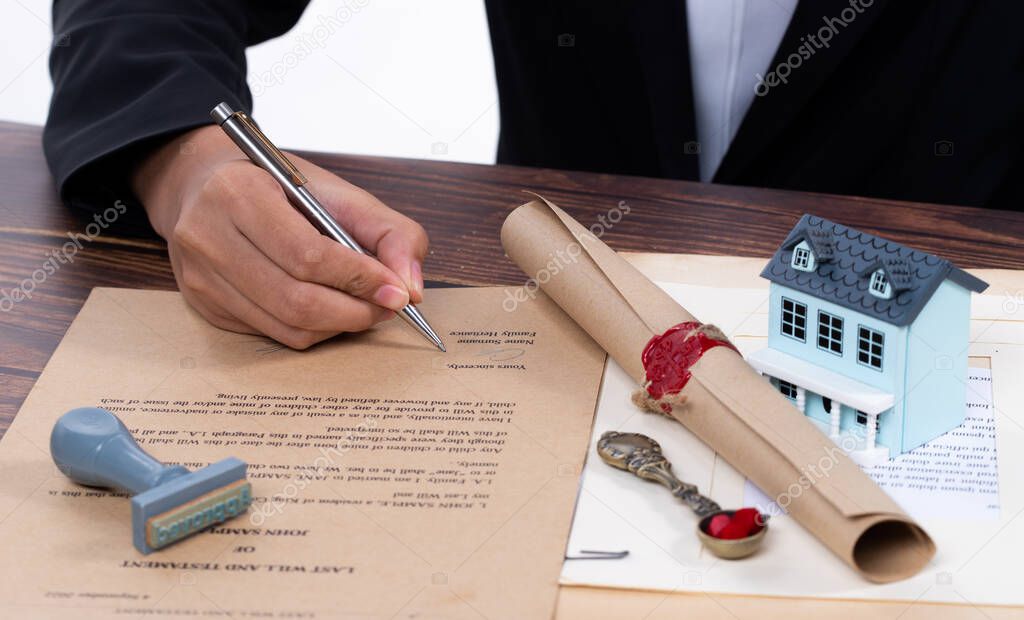 Lastwill Inheritance document Contract is approved by Lawyer to seal wax and stamp approval to finance and separate asset by justice law notary. They allocate insurance money real estate. copy space