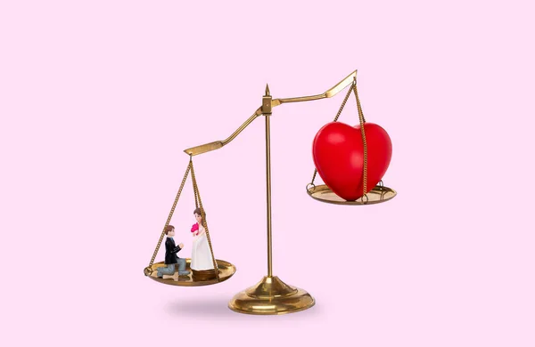 Love Money Symbol Concept. Red Heart shape on balance scale exchange trade for Materialism, bride groom and buy sale lover. Love for money on balance scale isolated on pink background