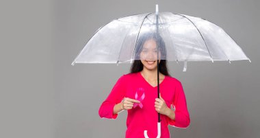 Ekim Kanser Farkındalık Ayı, pembe elbiseli yetişkin kadın elinde Pembe kurdele ve şemsiyeyle korunmayı destekliyor. Uluslararası Kadınlar, Anne ve Dünya Kanser Günü Konsepti Boşluğu Kopyalamak