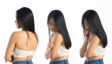 Üzgün, üzgün bir kadın, yalnız hissediyor, yorgun ve endişeli, zihinsel sağlık, yalnızlık ve izolasyon konseptinde depresyon yaşıyor. Uzun saçlı, yarı vücut beyaz arka plan izole.