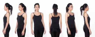 20 'li yaşlardaki Asyalı kadınların yarısı günlük kısa pantolon giyer. Siyah uzun düz saçlı kadın mutlu bir gülümseme hissediyor. Eski moda pozlar, 360 ön arka plan, beyaz arka plan izole edilmiş.