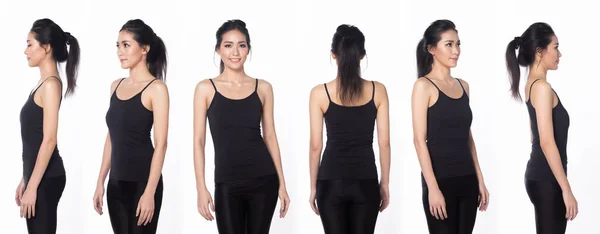 ハーフボディ20代のアジア人女性はカジュアルなドレスショートパンツを着用してください 黒の長いストレートの髪の女性は幸せな笑顔ファッションヴィンテージポーズを感じます 白い背景に360フロントサイドバックビュー孤立 — ストック写真