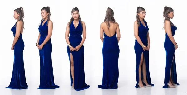 아시아에서 여성은 이브닝가운 Deep Blue Velvet Evening Gown 하이힐 구두를 — 스톡 사진