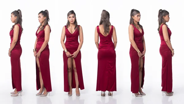 Corpo Inteiro Asiático Anos Mulher Desgaste Red Velvet Vestido Noite — Fotografia de Stock