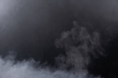 Beyaz Duman ve Sis 'ten Yoğun Kabarık Kabarık Tütsüler Siyah Arkaplan' da, Soyut Duman Bulutları 'nda, Hareketin Odak Noktası Bulanık. Kuru buz sineğinin dumanı havada uçuşuyor, dokuyu etkiliyor.