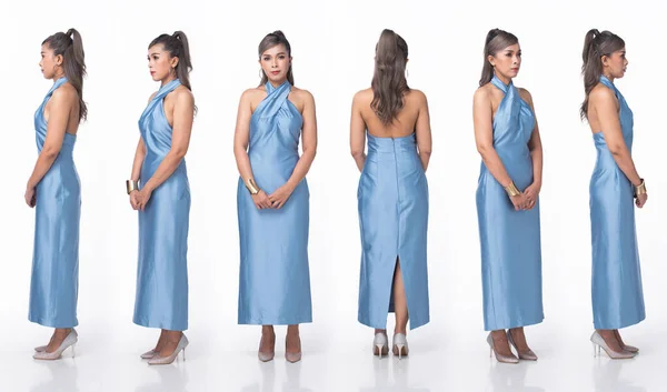 아시아에서 여성은 이브닝 Blue Silk Evening Gown 발뒤꿈치를 이기주의 배경에서 — 스톡 사진