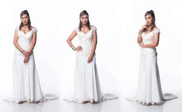 Суцільний Кузов Азіатські Жінка Носить Білу Сукню Високих Підборах Lace — стокове фото